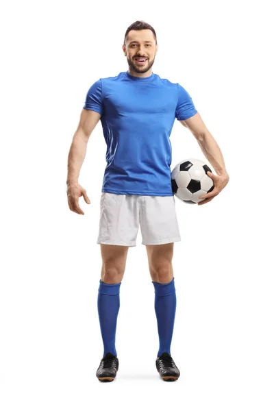 Full Length Portrait Soccer Player Ball Arm Posing Isolated White — Stock Photo, Image