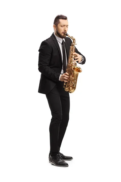 Homem Elegante Terno Tocando Saxofone Isolado Fundo Branco — Fotografia de Stock