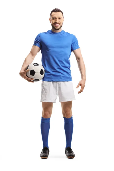 Retrato Comprimento Total Jogador Futebol Segurando Futebol Isolado Fundo Branco — Fotografia de Stock