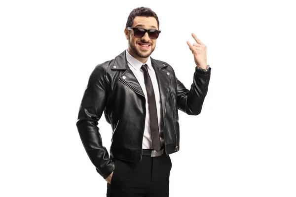 Hombre Joven Con Chaqueta Cuero Haciendo Gestos Cartel Rock Roll —  Fotos de Stock