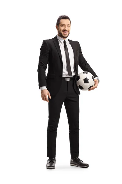 Full Length Portrait Man Suit Holding Soccer Ball Looking Camera — Stock Photo, Image