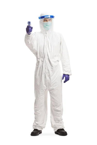 Full Length Portrait Specialist Hazmat Suit Measuring Temperature Isolated White — Stock Photo, Image