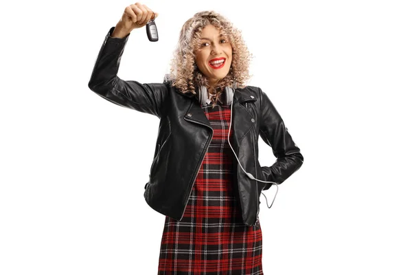 Trendy Young Woman Leather Jacket Curly Blond Hair Holding Car — Stock Photo, Image