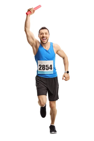 Retrato Comprimento Total Homem Correndo Uma Corrida Revezamento Isolado Fundo — Fotografia de Stock