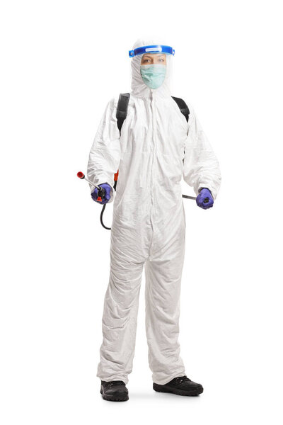 Specialist in a hazmat suit with protective equipment for disinfection isolated on white background