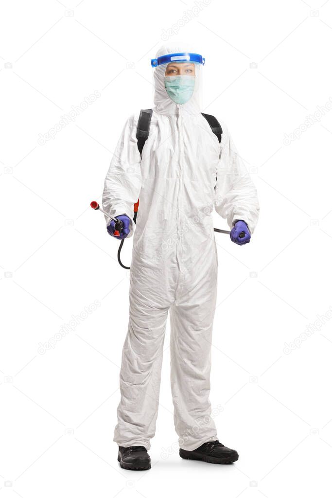 Specialist in a hazmat suit with protective equipment for disinfection isolated on white background