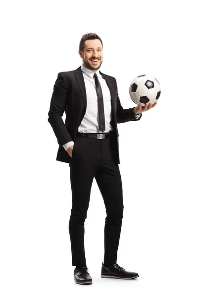 Full Length Portrait Man Black Suit Holding Football Smiling Isolated — Stock Photo, Image