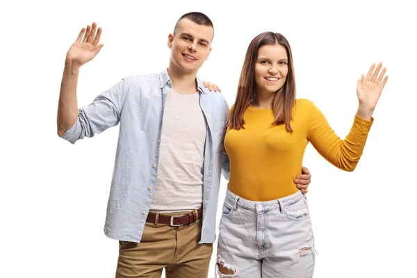 Alegre Joven Pareja Abrazo Saludando Cámara Aislada Sobre Fondo Blanco — Foto de Stock