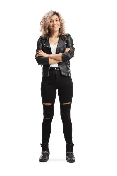 Full Length Portrait Young Woman Leather Jacket Ripped Jeans Posing — Stock Photo, Image