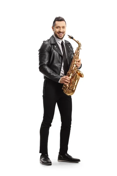 Retrato Comprimento Total Homem Com Saxofone Sorrindo Para Câmera Isolada — Fotografia de Stock