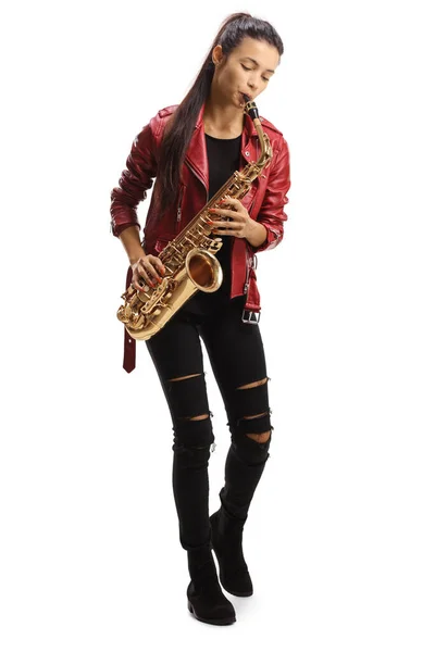 Full Length Portrait Beautiful Young Woman Playing Saxophone Isolated White — Stock Photo, Image