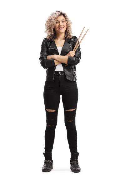 Full Length Portrait Rock Female Drummer Holding Drumsticks Isolated White — Stock Photo, Image