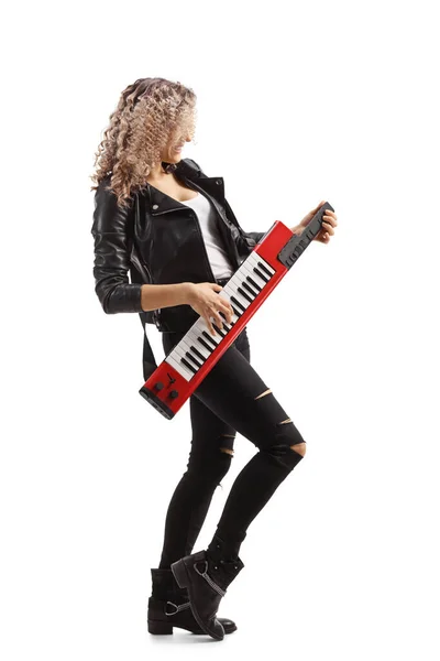 Woman Playing Red Keytar Synthesizer Isolated White Background — Stock Photo, Image