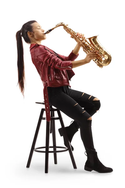 Full Length Portrait Beautiful Young Woman Sitting Chair Playing Saxophone — Stock Photo, Image