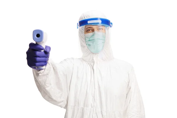 Man Hazmat Suit Measuring Temperature Isolated White Background — Stock Photo, Image