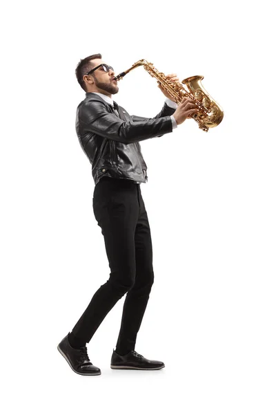 Full Length Profile Shot Musician Playing Saxophone Wearing Sunglasses Isolated — Zdjęcie stockowe