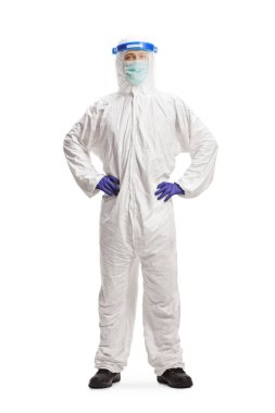 Man in a hazmat protective equipment with a mask and face shiled isolated on white background clipart