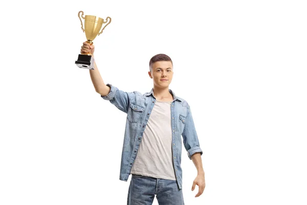 Casual Guy Holding Gold Trophy Cup Isolated White Background — Stock Photo, Image