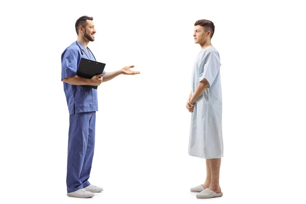 Full Length Profile Shot Male Patient Hospital Gown Listening Healthcare — Stock Photo, Image