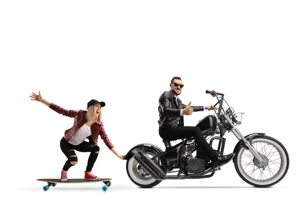 Female Riding Skateboard Holding Chopper Biker Gesturing Thumb Isolated White — Stock Photo, Image