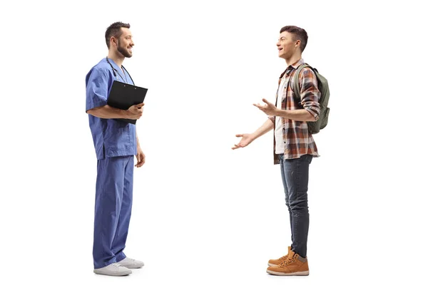 Full Length Profile Shot Male Student Talking Male Doctor Isolated — Stock Photo, Image