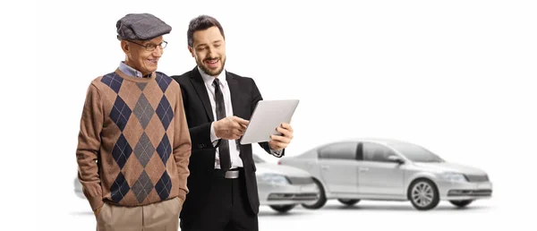 Car Salesman Showing Presenting Car Tablet Elderly Customer Isolated White — Stock Photo, Image