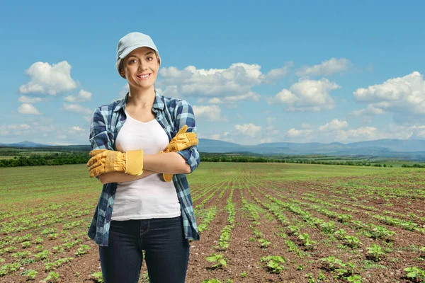 Kobieta Rolnik Stojąca Polu Młodymi Roślinami Słonecznika — Zdjęcie stockowe