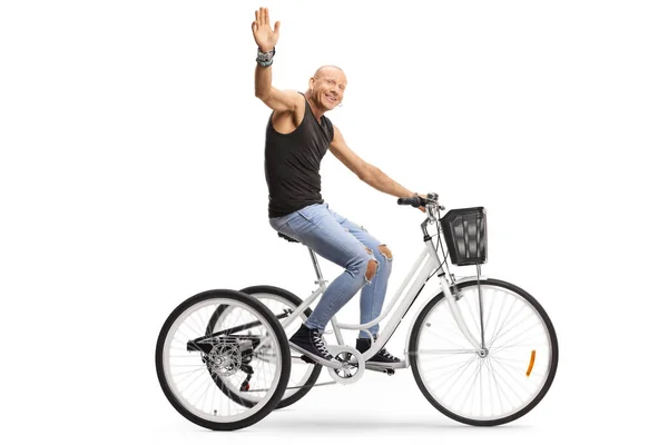 Profile Shot Bald Guy Riding Tricycle Waving Camera Isolated White — Stock Photo, Image