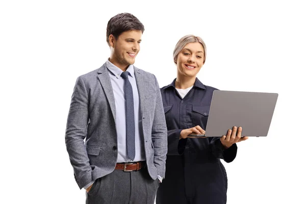 Professional Man Female Worker Uniform Looking Laptop Computer Isolated White — Stock Photo, Image