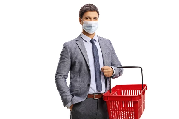 Man Formele Kleding Met Een Boodschappenmandje Met Een Beschermend Gezichtsmasker — Stockfoto