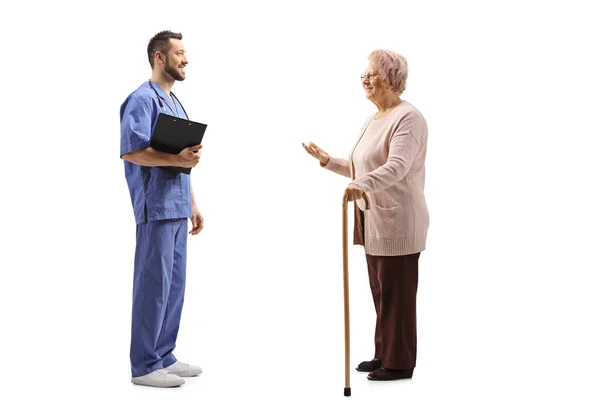 Full Length Profile Shot Male Healthcare Worker Elderly Woman Walking — Stock Photo, Image