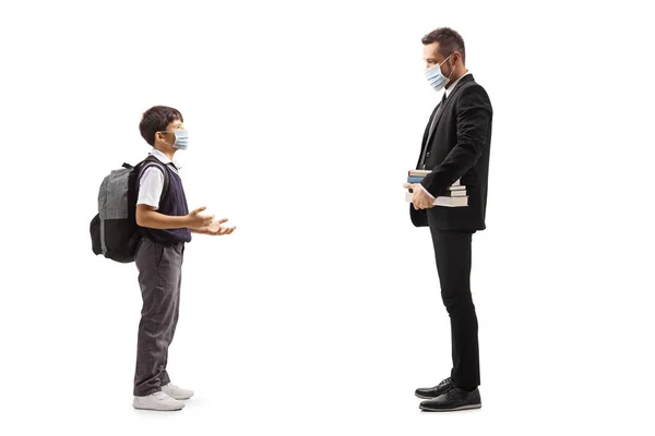 Full Length Profile Shot Schoolboy Male Teacher Protective Face Masks — Stock Photo, Image