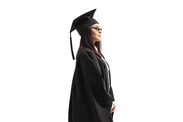 Female Graduate Student Black Gown Isolated White Background — Stock Photo, Image