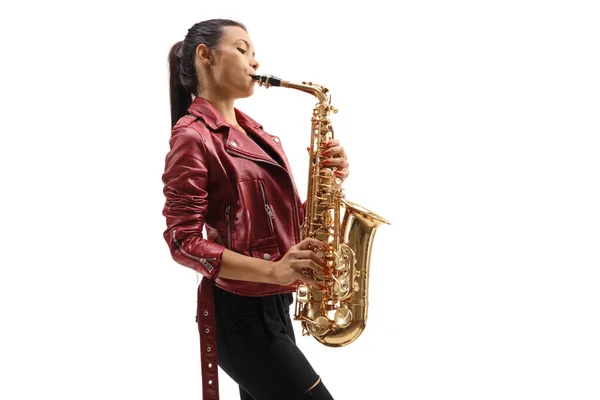 Full Length Profile Shot Female Saxophonist Performing Isolated White Background — Stock Photo, Image