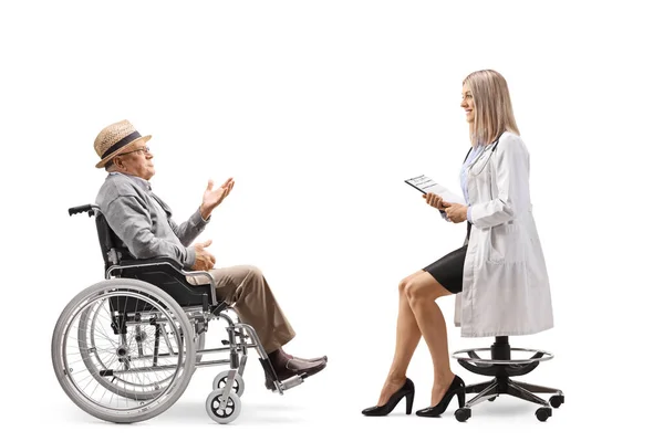 Full Length Profile Shot Young Female Doctor Sitting Chair Talking — Stock Photo, Image