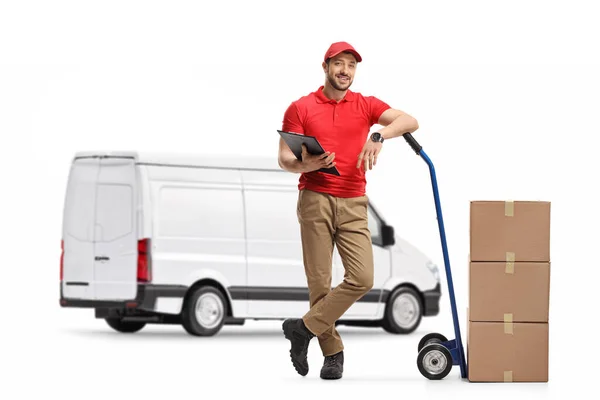 Full Length Portrait Delivery Man Cardboard Boxes Hand Truck Standing — Stockfoto