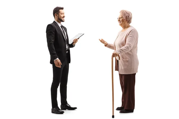 Full Length Profile Shot Elderly Woman Talking Young Elegant Man — Stock Photo, Image