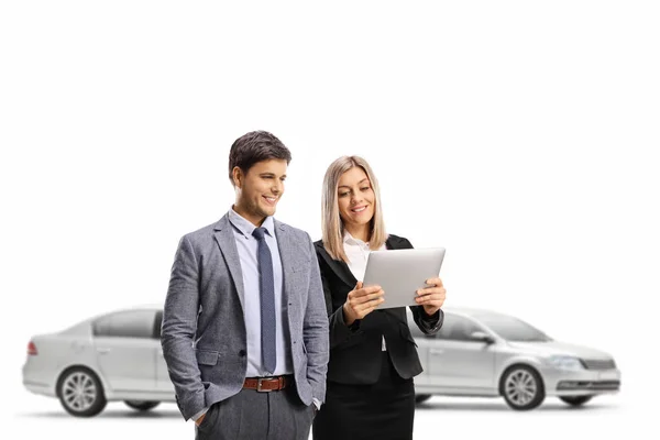 Professional Young Man Woman Looking Digital Tablet Car Showroom Isolated — Stock Photo, Image