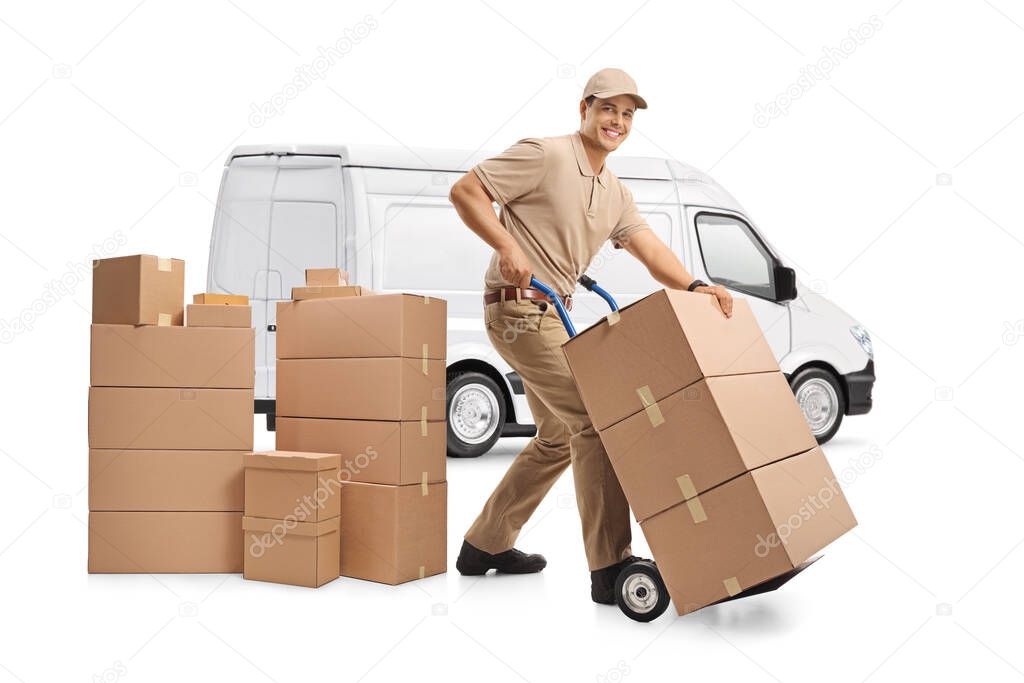 White delivery van and a male worker loading boxes isolated on white background