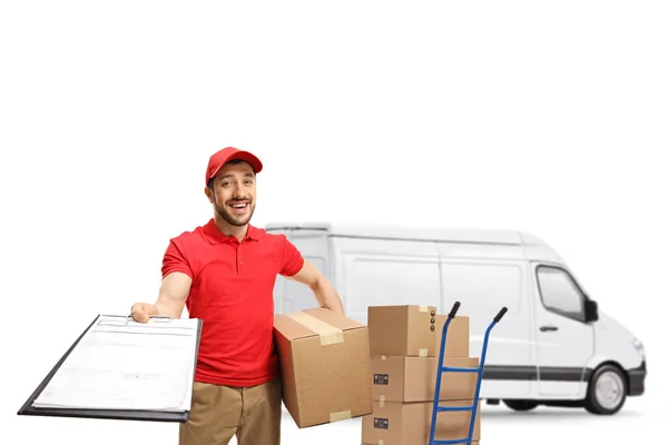 Delivery Guy Van Holding Document Box Isolated White Background — Stock Photo, Image