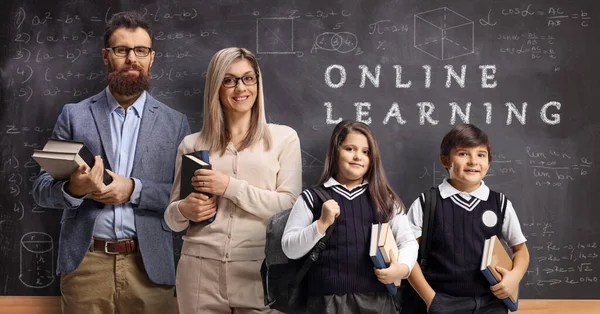 Online Education Male Female Teacher Schoolchildren Front School Blackboard — Stock Photo, Image