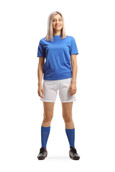 Ganzkörperporträt Einer Fußballerin Blauem Trikot Isoliert Auf Weißem Hintergrund — Stockfoto