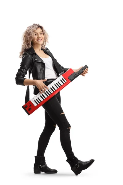 Full Length Portrait Woman Smiling Playing Keytar Synthesizer Isolated White — Stock Photo, Image
