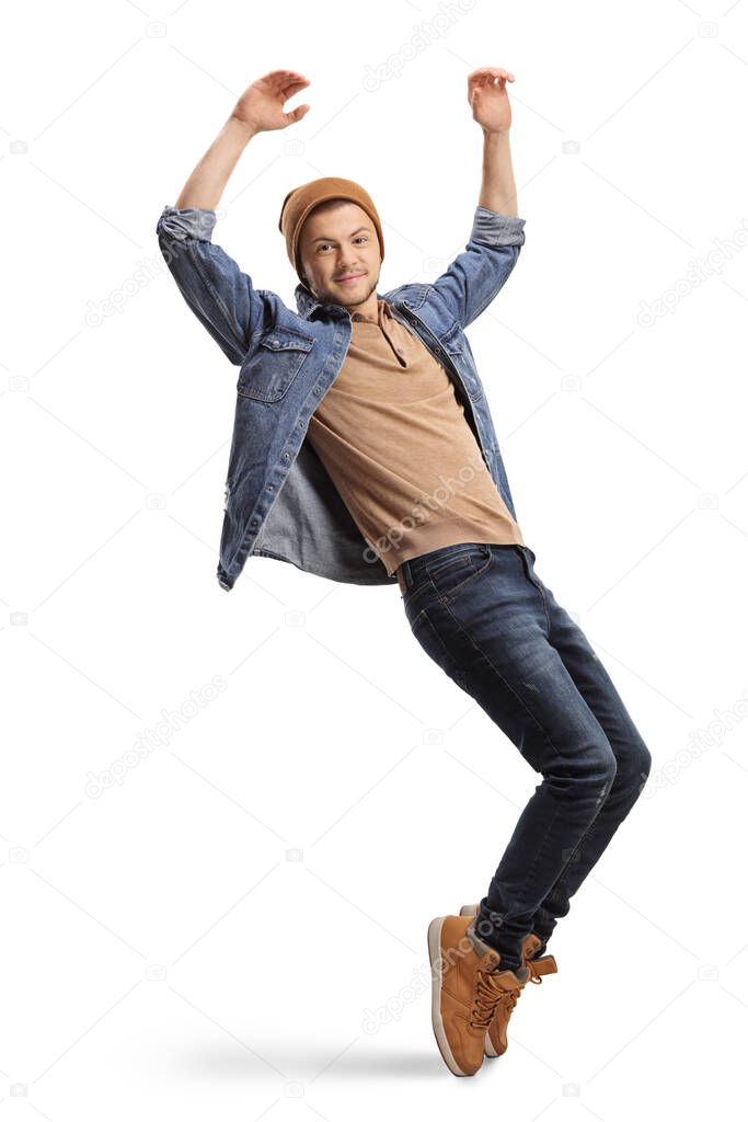 Guy in casual wear dancing and raising hands up isolated on white background