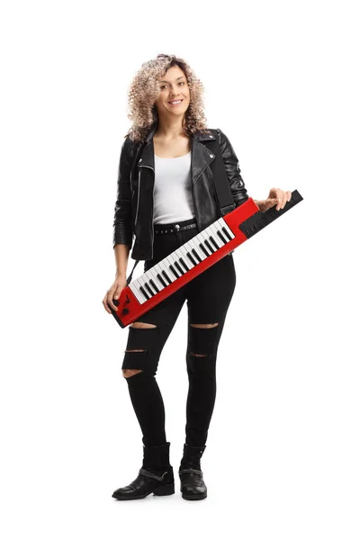 Full Length Portrait Young Woman Standing Keytar Synthesizer Isolated White — Stock Photo, Image