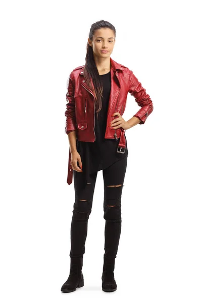 Full Length Portrait Mixed Race Young Female Leather Jacket Isolated — Stock Photo, Image