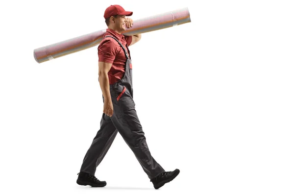 Full Length Profile Shot Male Worker Carrying Carpet Walking Isolated — Stock Photo, Image