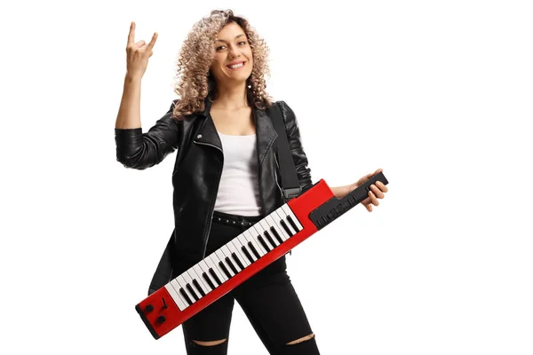 Female Musician Curly Blond Hair Keytar Synthesizer Gesturing Rock Roll — Stock Photo, Image