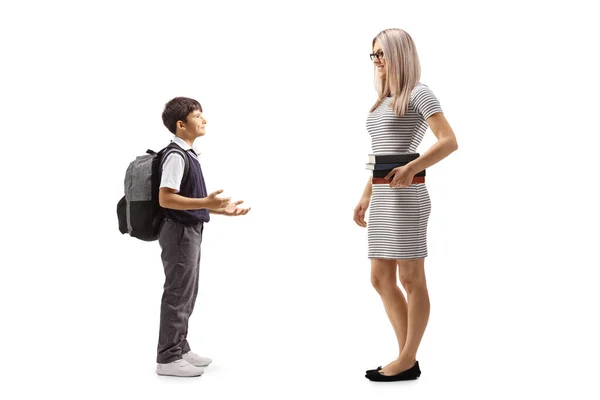 Full Length Profile Shot Schoolboy Uniform Gesturing Hands Talking Woman — Stock Photo, Image