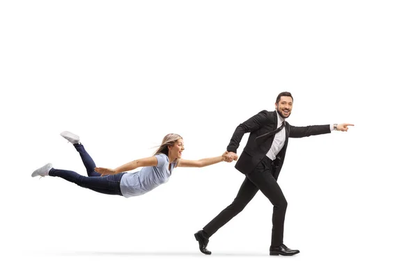 Full Length Profile Shot Man Suit Running Pulling Woman Hand — Stock Photo, Image